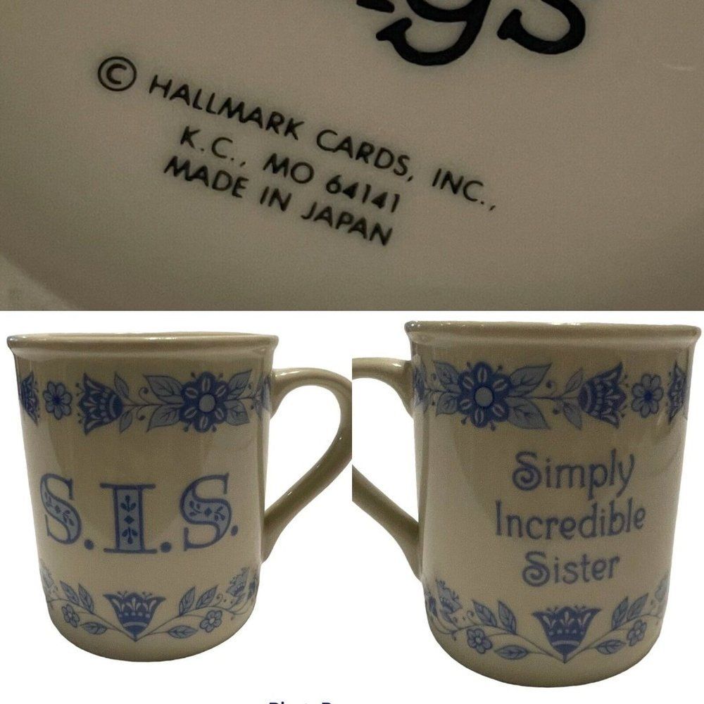 VTG Hallmark SIS Simply Incredible Sister Coffee Tea Mug Cup Blue Floral Japan